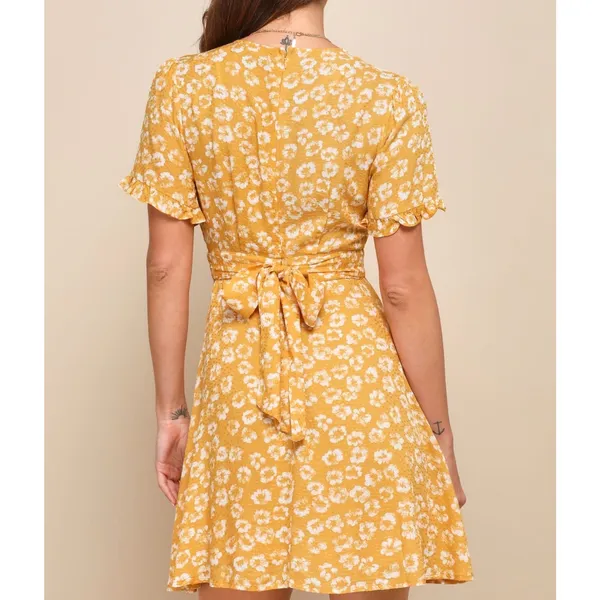 LULUS Women’s Garden Explorer Mustard Yellow Floral Print Mini Dress Size XXS - Image 2
