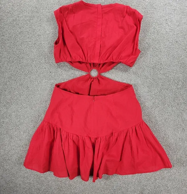 White Fox Cutout Ring Dress Womens L Red Sleeveless Mini Fit & Flare Ruffle Hem - Image 3