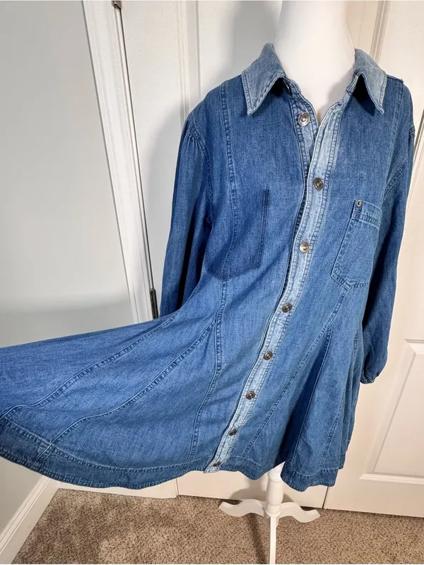 Free People Get Free Denim Mini Dress S Godet Swing Puff Sleeve Pockets Cotton - Image 6