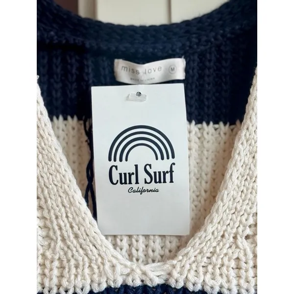 Curl Surf Striped Sweater Vest Chunky Knit V-Neck Navy Cream Medium NWT - Image 4