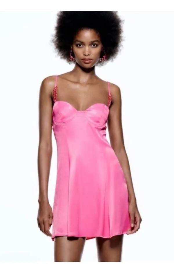 Zara Pink Satin Mini Slip Dress Size Small - Image 3