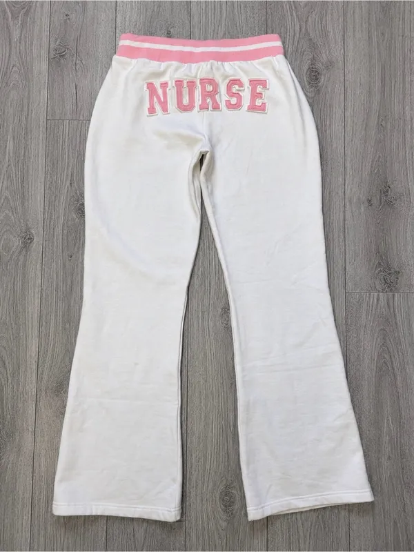 Nurse White Pink Flare Sweatpants Lounge Joggers Embroidered Medium - Image 3