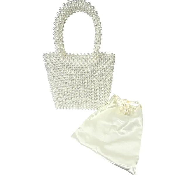 Faux Pearl‎ Beaded Tote Bag S Cream Satin Pouch Handle Bridal Wedding - Image 7