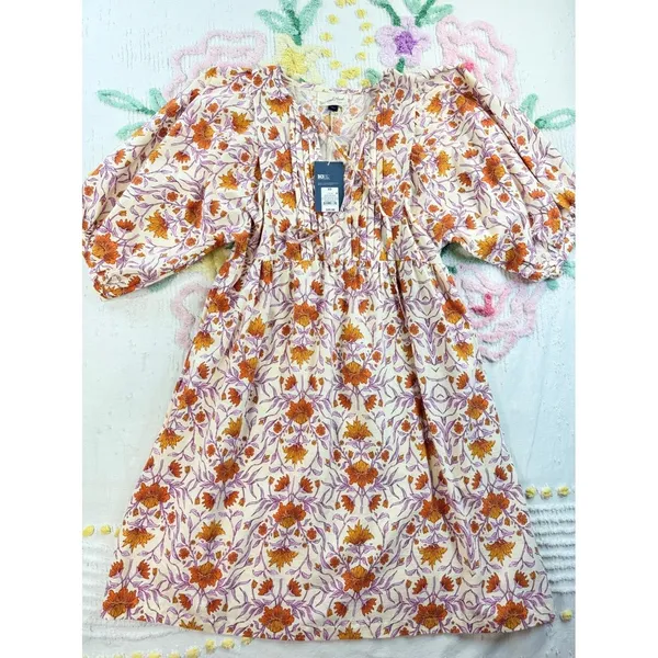 Universal Thread‎ Floral Puff Sleeve Mini Dress Cream Orange Purple XS NEW - Image 2