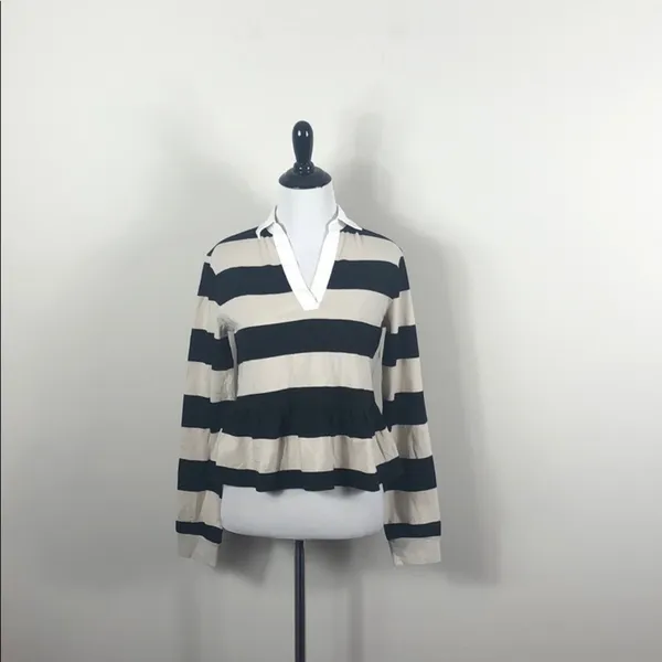 Abound Striped Peplum Top Black Beige Collared Split Neck NWT XS - Image 3