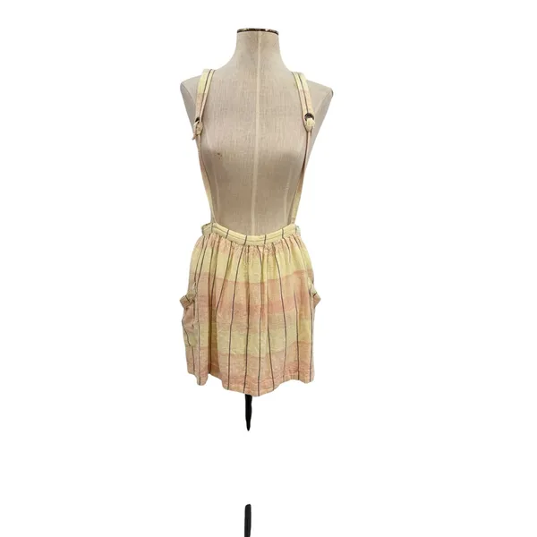 Free People Plaid Breeze Suspender Mini Skirt‎ Dress Yellow Linen Blend Size 4 - Image 3