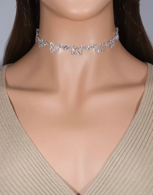 Silver butterfly choker necklace with rhinestones - Image 2