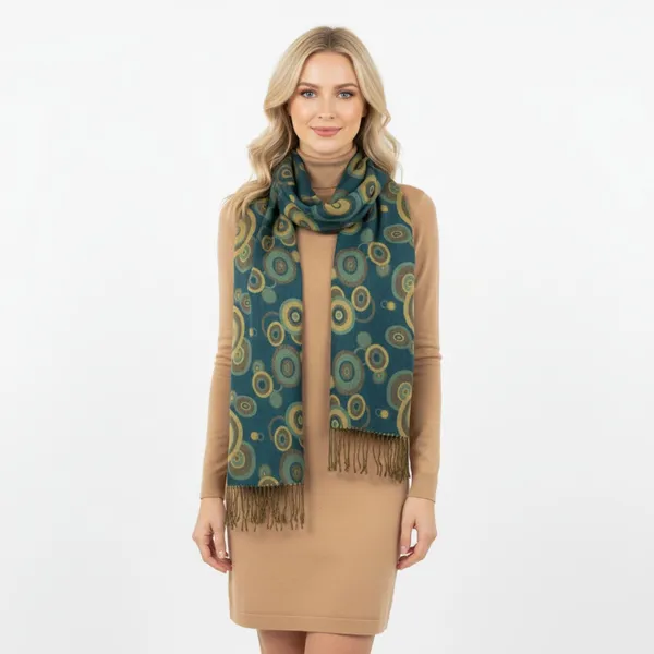 Pashmina Blue & Tan Circle Print Rectangular Reversible Tassel thin knit Scarve - Image 5