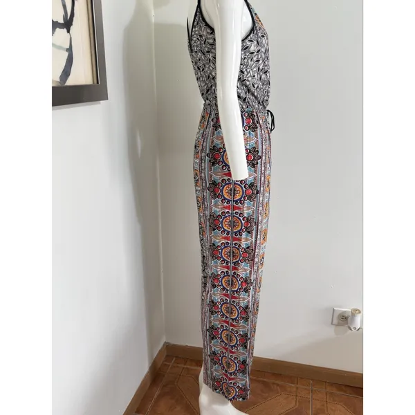 Angie Women’s Boho Wide Leg Jumpsuit Black Orange Spaghetti Strap Festival M - Image 4