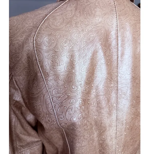 Y2K‎ Redi Pink Metallic Leather Jacket Embossed Floral Moto Zip Front Size Small - Image 4