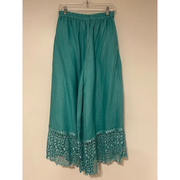 LERMAJ Vintage Teal Linen Blend Two Piece Set Lace Wrap Top Wide Leg Pants M/L - Image 12