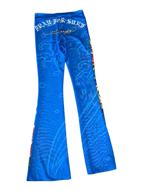 NWT Ed Hardy Swim Blue Flared Bell Bottom Pants Rose Tattoo Print Y2K Medium - Image 5