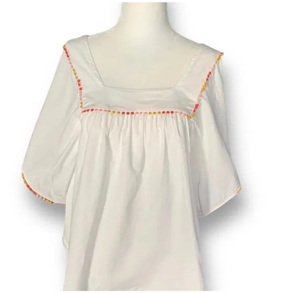 Madewell‎ White Cotton Pom PomTrim Blouse Medium Boho Festival Butterfly Top - Image 3