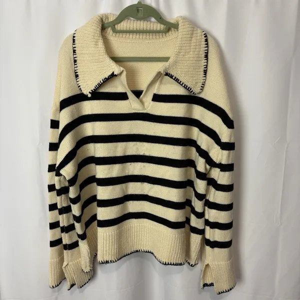 Unbranded Women’s Collared Polo Sweater Cream & Navy Stripe 2XL Nautical Boho - Image 4