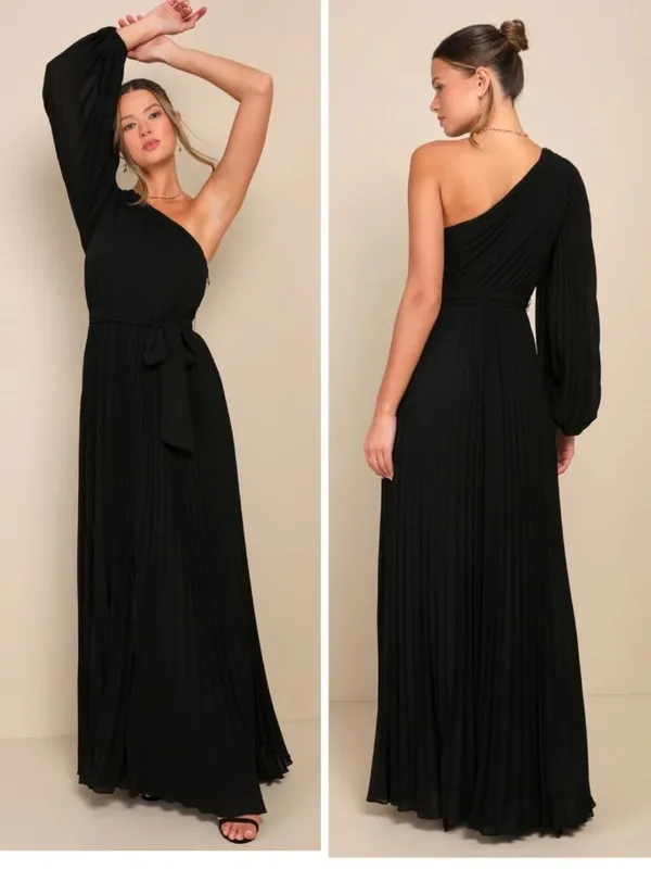 Lulus Divine Charm Black Pleated One-Shoulder Maxi Dress Size Large NWT Formal - Image 2