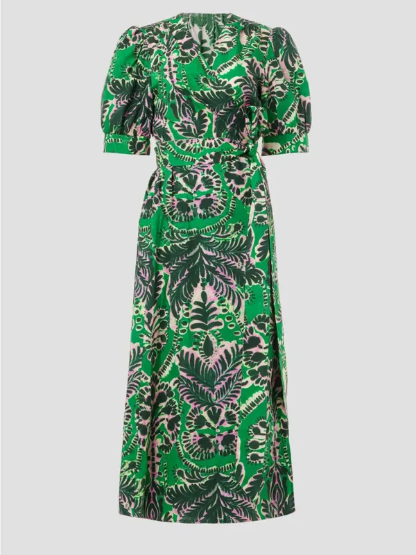 Marie Oliver Rita midi dress wrap kelly green print puff sleeve tie front cotton - Image 9