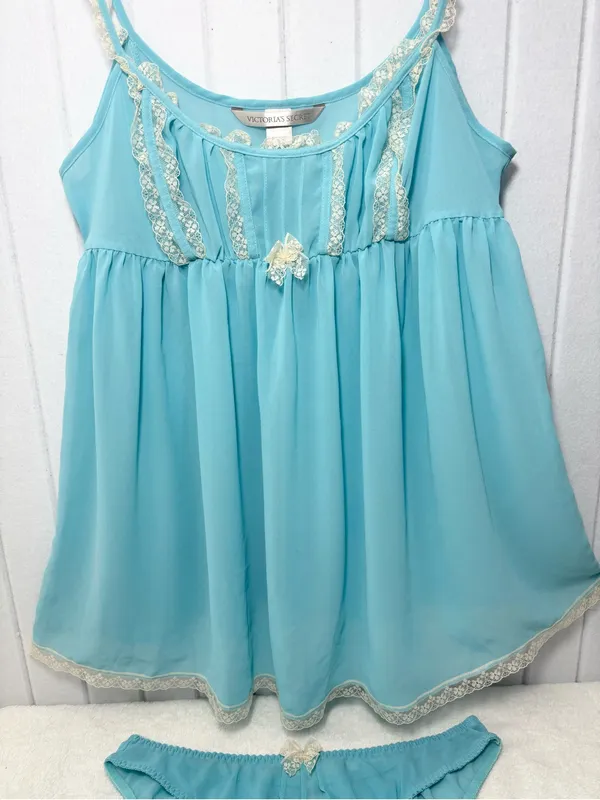 Victoria's Secret Y2K Vintage Sheer‎ Aqua Lace Trim Babydoll Chemise Brief Set - Image 5