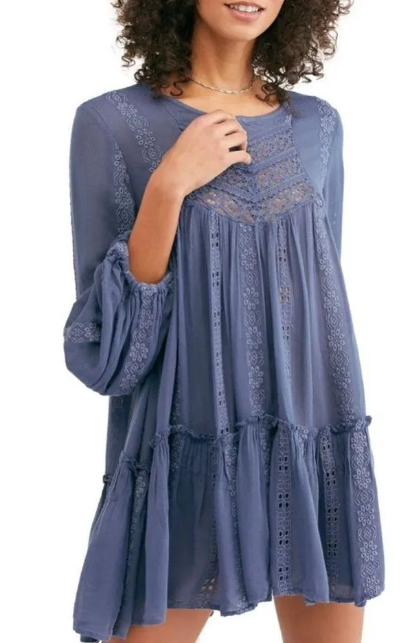 Free People Kiss Kiss Tunic Embroidered Lace Blue Long Sleeve Dress Women’s XS - Image 12