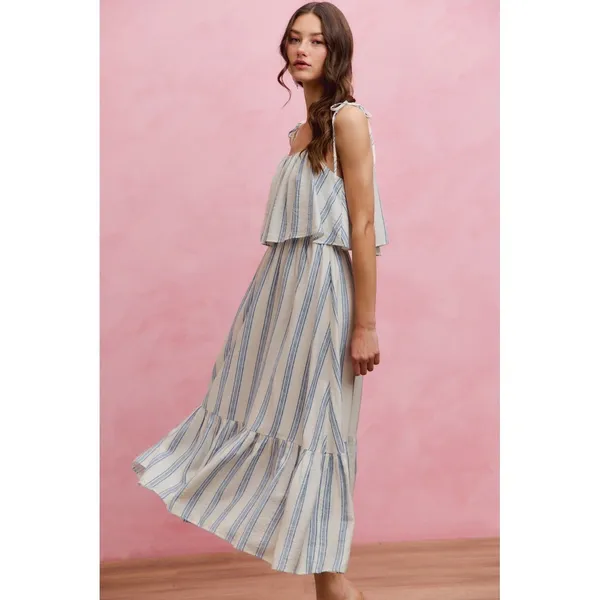 SO ME Stripe Tiered Shoulder Tie Midi Lined Dress - Medium - Image 11