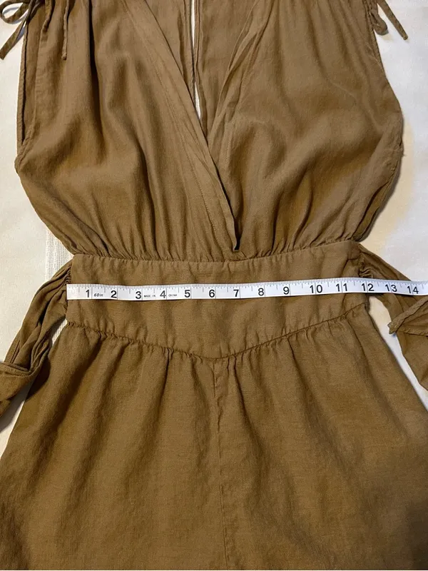 Zara Linen and Cotton Olive-Green Surplice Romper with Smocked Waist Size XS - Image 8