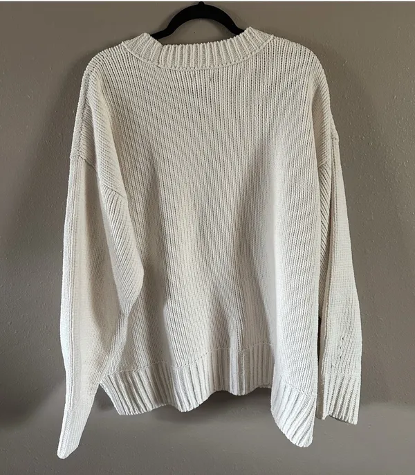 Aerie Knit Oversized Pullover Sweater White Crew Neck Long Sleeve L Women - Image 3