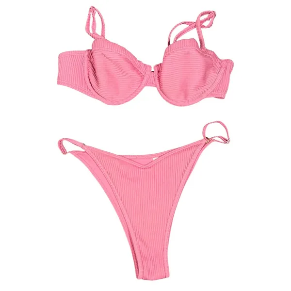 Hollister Bikini Set Womens M/S Pink Ribbed Underwire High Cut Swim 36B - Image 4
