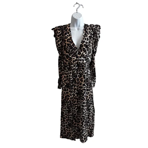 NWT‎ Farm Rio Leopard Maxi Dress XS Brown Animal Print Puff Sleeve V-Neck - Image 2