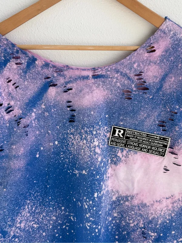 Custom "Rated R" Patch Distressed Bleach Tee Blue Size L - Image 2