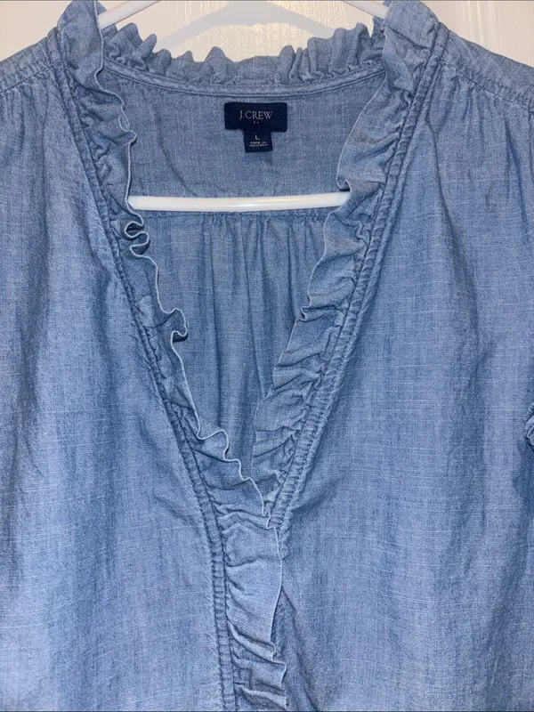 J Crew Sleeveless Chambray Ruffle Top With V Neck And Ruffled Trim Along Sleeves - Image 4