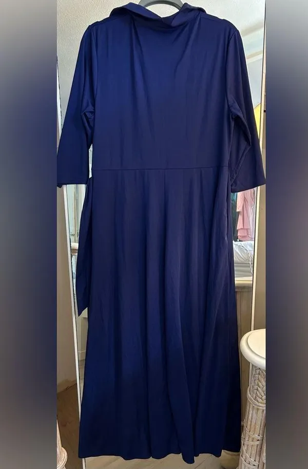 NEW Blue Collared 3/4 Sleeve Button Down Maxi Dress Belted XL - Image 3