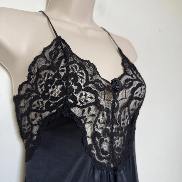 Val‎ Mode Womens Nightgown Medium Black Lace Trim Rose Accent Midi Slip Dress - Image 3
