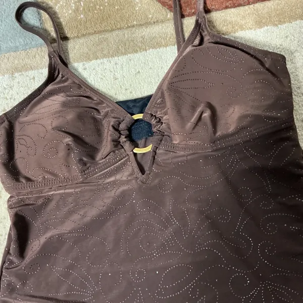 Ocean Dream Glitter Swirl Tankini Swim Top Womens 8 Brown Gold Ring Adjustable - Image 4