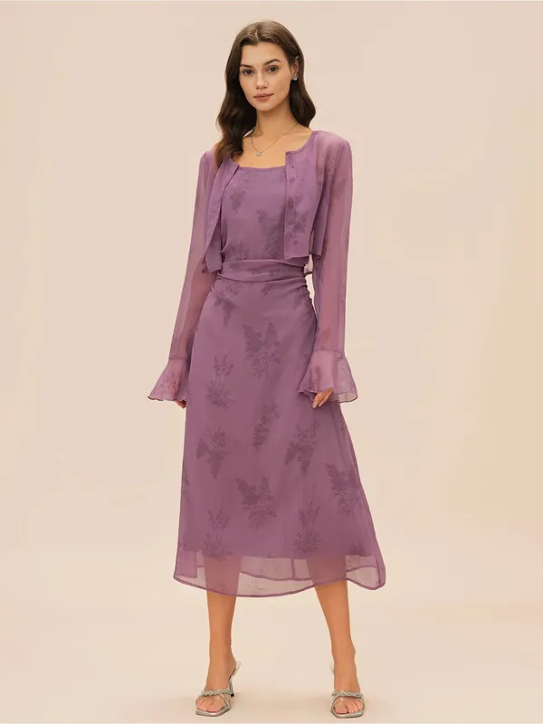 Rihoas 2 pieces Purple Floral Ruched Slip Midi Dress - Image 3