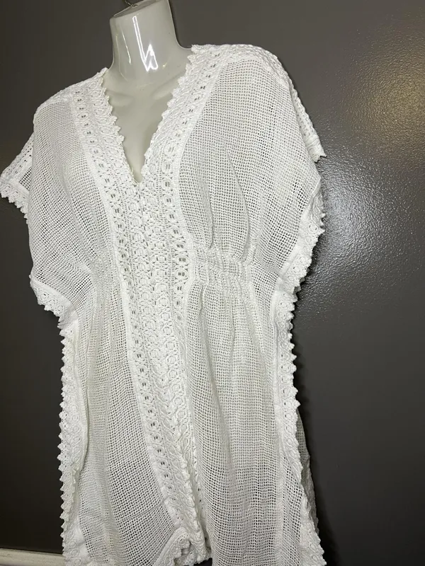 SeaSpice Cover Up Womens Medium White Crochet Mesh Lace Trim Beach Tunic Swim - Image 6