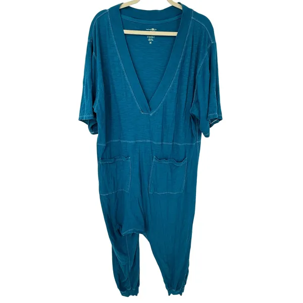 Natural Life Charlie Cotton Jumpsuit Teal Blue Deep V Pocket Romper Size M - Image 2