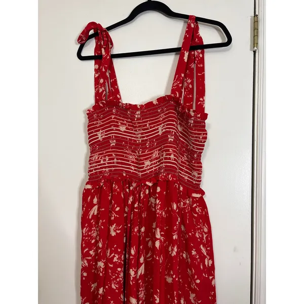 Free People Red Floral Smocked Wide‎ Leg Jumpsuit Tie Shoulder Straps Medium - Image 4
