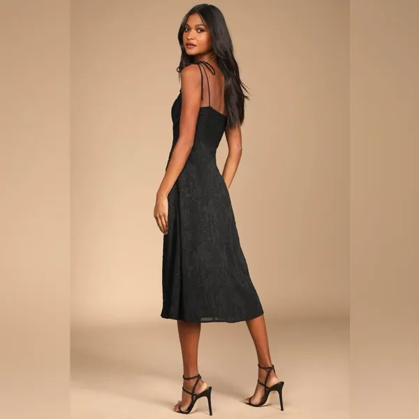LULU’S Loveliest Looks Black Floral Jacquard Tie-Strap Midi Dress - Image 8