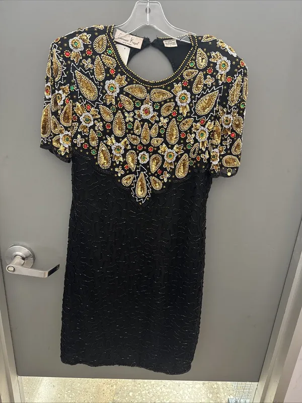 1980s Laurence Kazar NY Beaded Multicolor Bodice Dress Size L VTG 100 Silk 3989 - Image 4