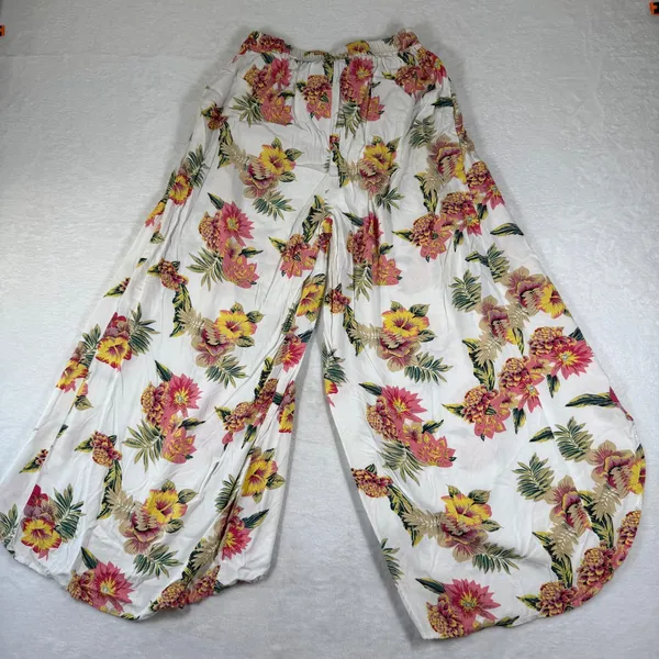 Salty Lemon Floral Wide‎ Leg Tulip Hem Pants White Pink Yellow Large Tropical - Image 12