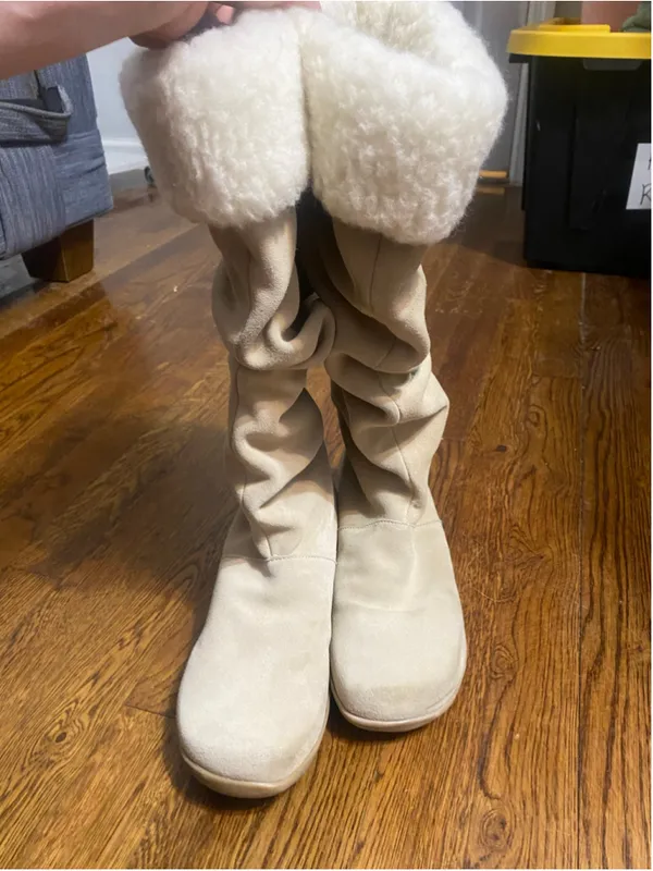 Vintage Liz Claiborne Leather Boots Slouch Knee High Cream Faux Fur Y2K Indie 10 - Image 5