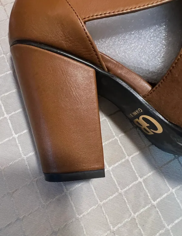 Gianni Bini Peep Toe tan leather Heel Booties with Ankle Buckle: Size 7.5 - Image 7