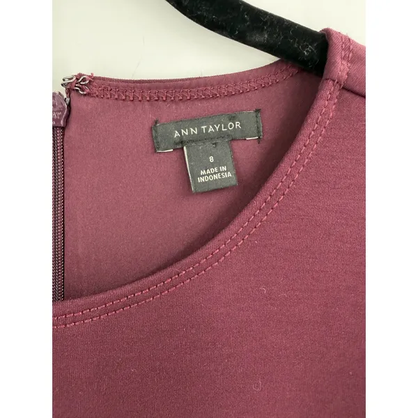 Ann Taylor Ponte Fit and Flare Dress 8 Burgundy Short Sleeve Professional Office - Image 3