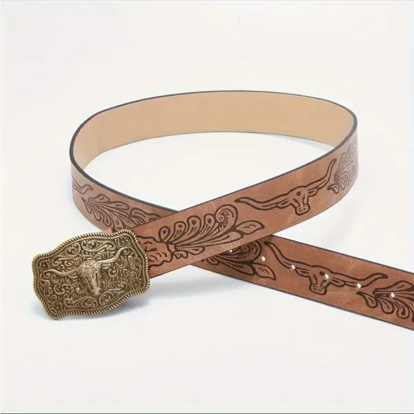 Western Bull Head Buckle Unisex‎ Belt Vintage Embossed Brown PU Leather Belt - Image 13