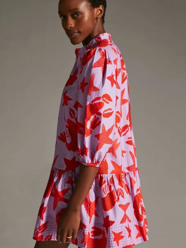 FARM RIO Red Starfish & Lobster Print Puff Sleeve Mini Dress Sz M - Image 3