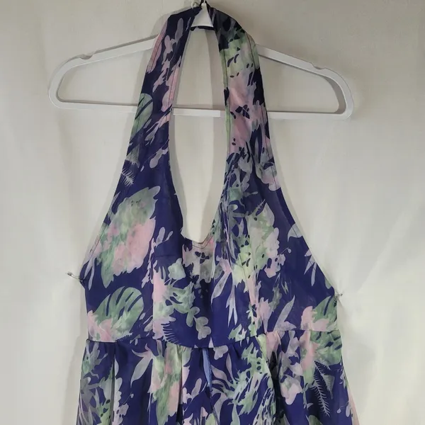 Floral Halter Romper Maxi Dress High Low Built In Shorts Purple Pink Size M - Image 2