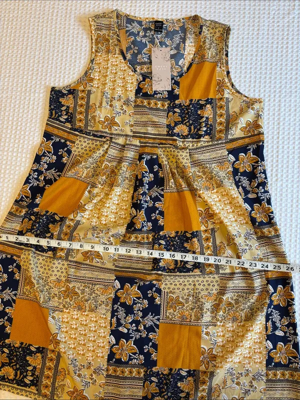 NEW! EMERY ROSE Boho Patchwork Swing Dress Mini Yellow Navy Blue Floral LARGE - Image 10