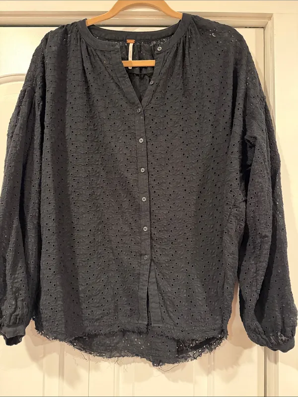 Free People Black Eyelet Button-Down‎ Peasant Blouse medium - Image 2