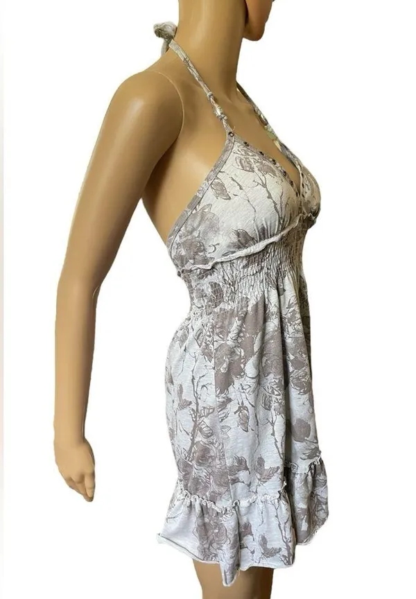 Papaya Y2K Gray Skater Grunge Hippie Grommet Floral Ruffle Mini Halter Top Dress - Image 3