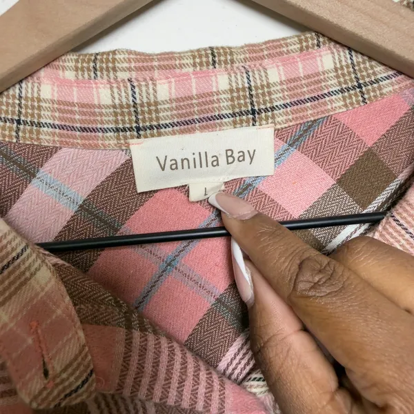 Vanilla Bay‎ Women Button Front Shirt Flannel Pink Brown Patchwork Cabin Western - Image 3