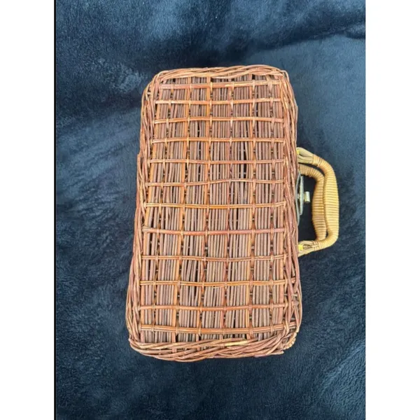 Vintage Wicker Rattan Box Purse Structured Top Handle Basket Handbag - Image 5